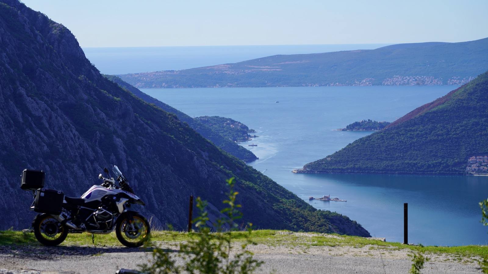 Motorcycle Kotor Bay BMW GS motorcycle with scenic view to Kotor Bay